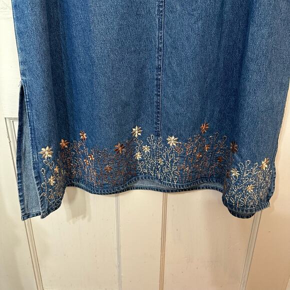 Vintage Denim Maxi Dress Modest Floral Embroidered Sleeveless Pullover Size PL - Picture 4 of 6